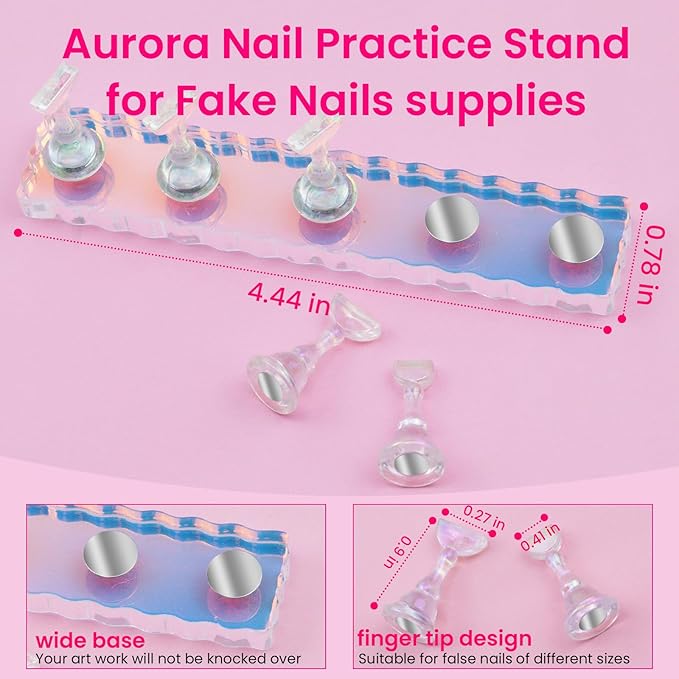 Nail Stand For Press On Acrylic Strong Magnetic Nail Holder Kit For Painting Nails Tip Arts Display With 200PCS Double-Sided Tape And 1 Heart Shaped Acrylic Magnetic Presson Stand Aurora