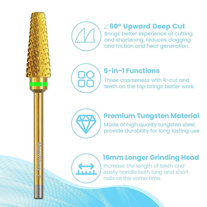 Super Cut 5 In 1 Nail Drill Bits，Tapered 3/32'' Safety Tungsten Bits, Upward Cut for Hard Gel Removal, Right Hand Use, Manicure Cuticle Gel Polishing, Technicians Bits, Gold, Coarse.