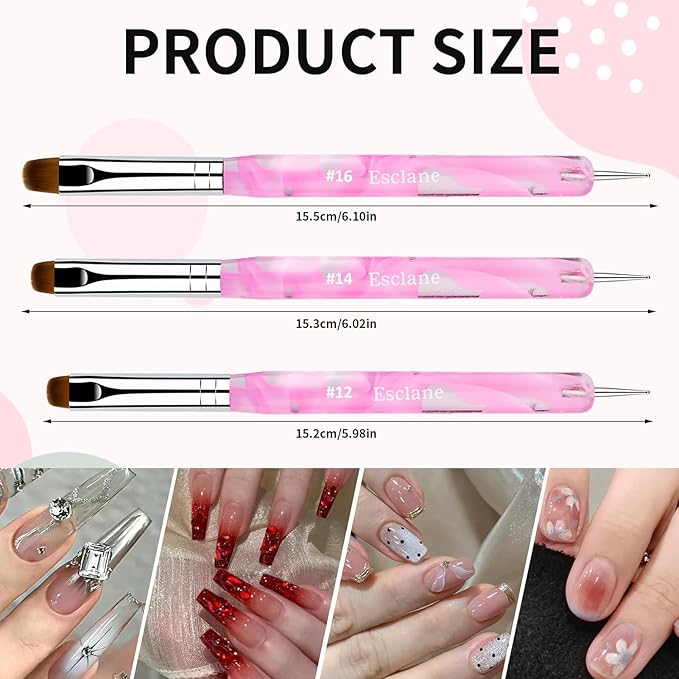French Manicure Brush, Esclane 2 Way French Nail Brush with Dotting Tool for Manicure Cuticle Clean Up Nail Art Design, French Tip Brush(Pink, #12)