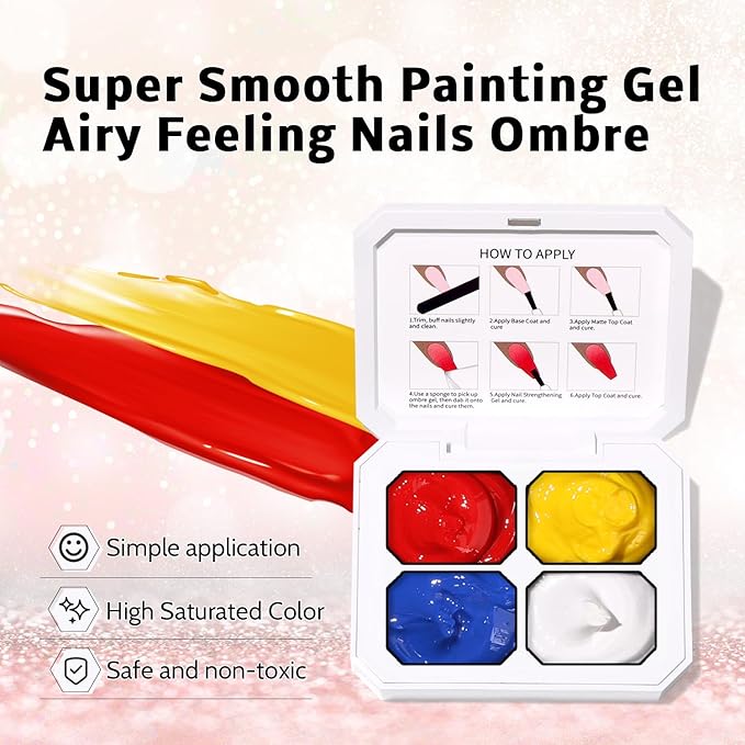 Sponge Pat Paint Nail Gel, 9 Colors Ombre Nails Gradient Gel Nail Blush Blooming Aura Nails Drawing Stripper Floral Painting Nail Art, No Wipe, UV/LED Curing (4 Colors A)