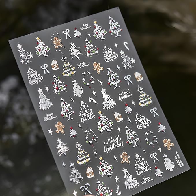 2 Sheets Christmas Nail Art Stickers 5D Embossed Nail Decals Silver Gold Star Bow Gingerbread Man Christmas Tree Nail Stickers Christmas Nail Supplies for Women Girls DIY Manicure Decorations
