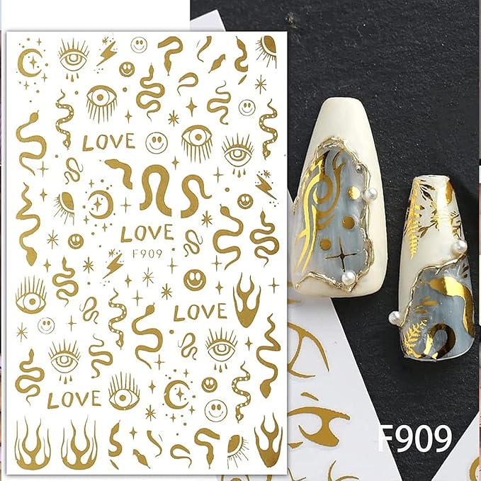 6 Sheet Gold Nail Stickers Black Snake Eyes Leaf Nail Art Stickers 3D Self-Adhesive Bronzing Sun Star Decals Starlight Nail Design Sticker for Acrylic Nail Supplies Women Nail Decorations