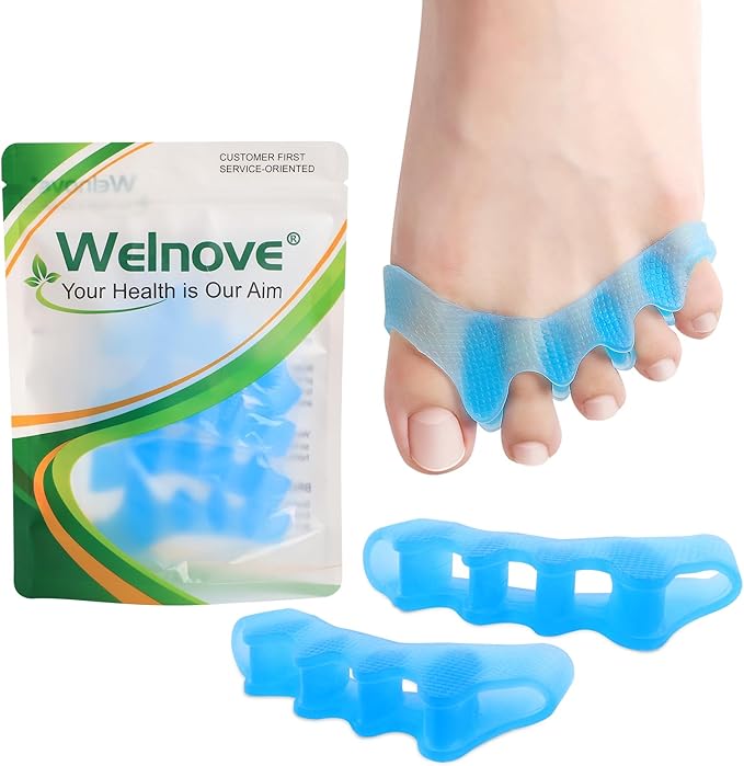 Welnove Toe Separators Spacers for Women - 4 Pack Gel Toe Straightener to Correct Bunions and Relieve Foot Pain - Silicone Toe Spacers for Toe Overlapping Yoga Practice, Non-Slip Design, Blue