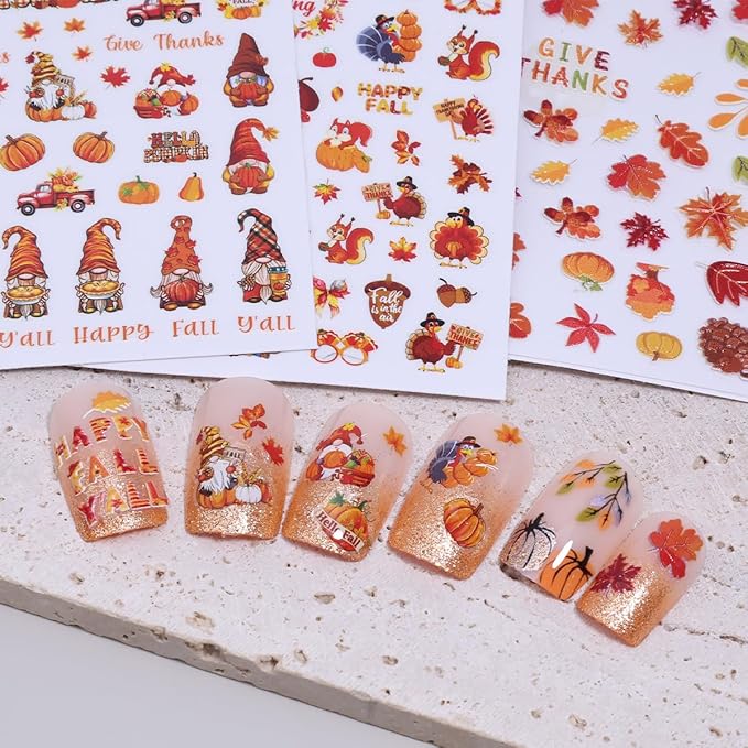 6 Sheets Fall 5D Embossed Nail Art Stickers Self-Adhesive Maple Leaf Pumpkin Nail Decals Cute Fox Turkey Squirrel Nail Design Stickers Thanksgiving Letters Acrylic Nails Art Supply for Women Manicure