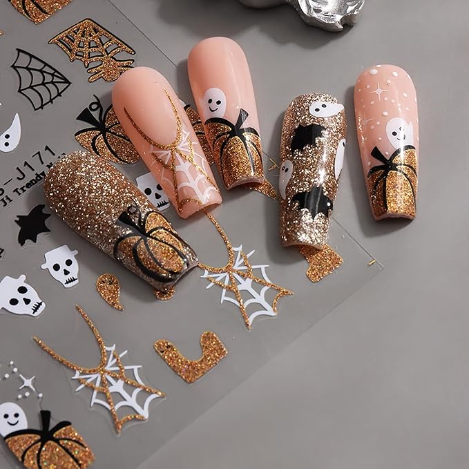 Halloween Nail Stickers Glitter Ghosts Pumpkins Spider Web Nail Decals 6PCS Self-Adhesive Halloween Nails Design Sticker Fall Nail Accessories Holiday Nail Art Supplies for Women Manicure Accessories