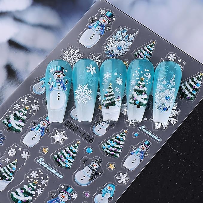 Christmas Nail Art Stickers Snowman Nail Decals with Christmas Tree Elk Snowflakes Design 3D Self-Adhesive Nail Stickers Acrylic Nail Supplies for Women DIY Xmas Decor 2 Sheets
