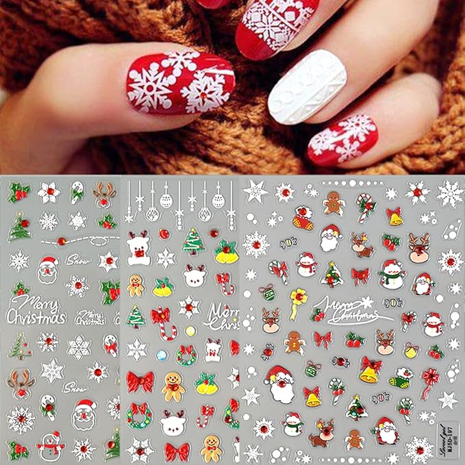 3 Sheets Christmas 5D Embossed Nail Art Stickers - White Snowflake & Santa Claus Nail Decals for Winter