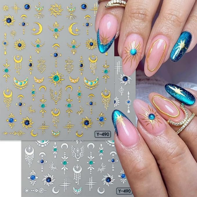 6 Sheets Retro Sun God Star Nail Art Stickers Decals Gold Silver Sun God Star Moon Nail Stickers Design Sparkling Heart Diamond Nail Decals for Women DIY Manicure Nail Decoration Supplies