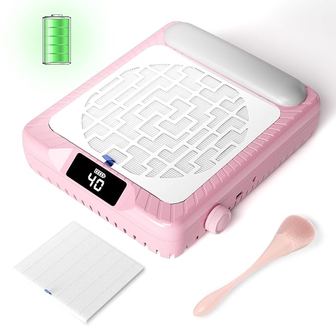krofaue Wireless Nail Dust Collector with Arm Rest - Quiet Rechargeable Nail Vacuum Dust Collector for Salon & Home 40 Speeds Adjustable with Digital Display, Replaceable Filter & Brush