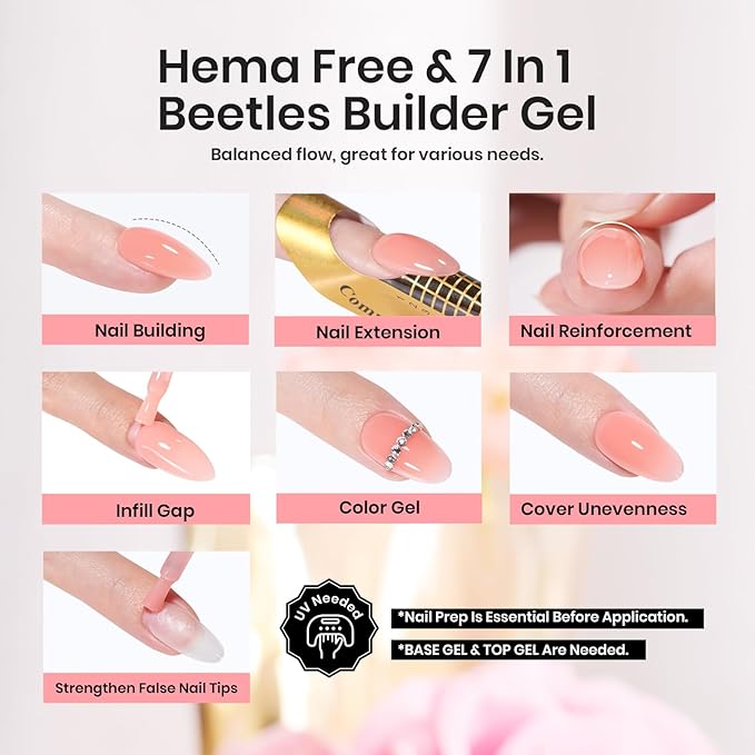 Beetles Builder Gel for Nails HEMA-Free,Pristine Grace Nude Pink 7 in 1 Strengthening Apex Building Nail Extension for Beginners DIY Salon at Home,Nude Builder Nail Gel,Fall Nails,UV & LED Lamp Needed