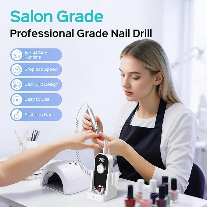 COSLUS Professional Rechargeable Electric Nail Drill 40000 RPM, Portable Nail File with Storage Stand for Acrylic Gel Polishing Removing - Easy to Use for Women, Manicure at Home DIY or Salon, White