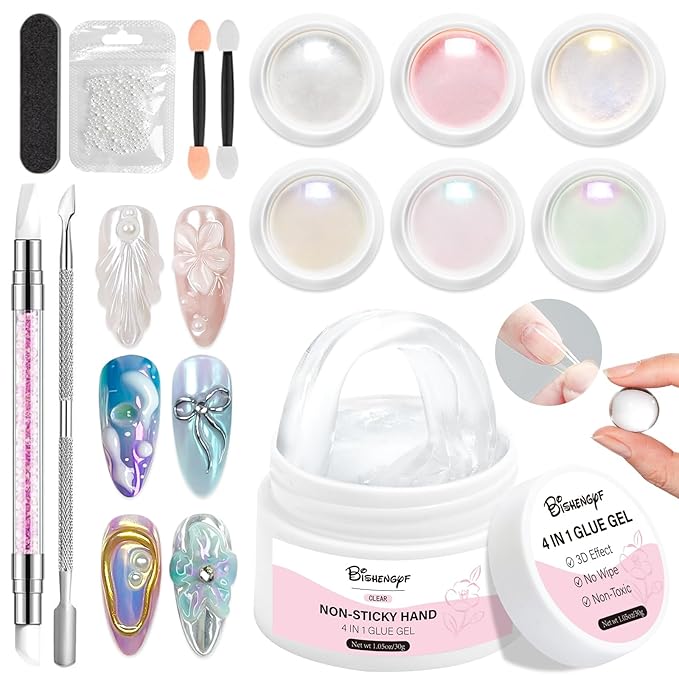 Solid Builder Gel and Chrome Nail Powder Kit BISHENGYF: 60g 4 In 1 No Wipe 3d Sculpting Nail Gel Aurora Pink White Pearl Chrome Nail Powder Clear Non-Sticky Hand Extension Glue for Nail Decoration