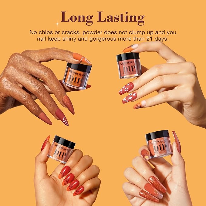 AZUREBEAUTY Dip Powder Nail Kit Starter, Orange Brown Glitter, 4 Fall Pumpkin Maple Dark Colors Set, French Halloween Nail Art Base Top Coat Activator Essential Liquid Manicure DIY Salon 12 PCS