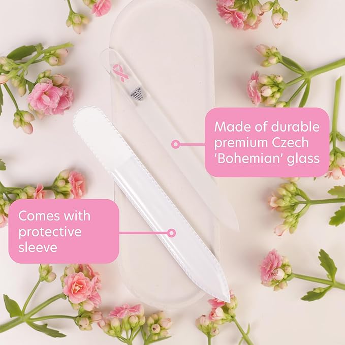 Bona Fide Beauty Czech Glass Nail File with Pink Ribbon - Breast Cancer Awareness Nail Filer for Cause, Pink Ribbon Nail File.