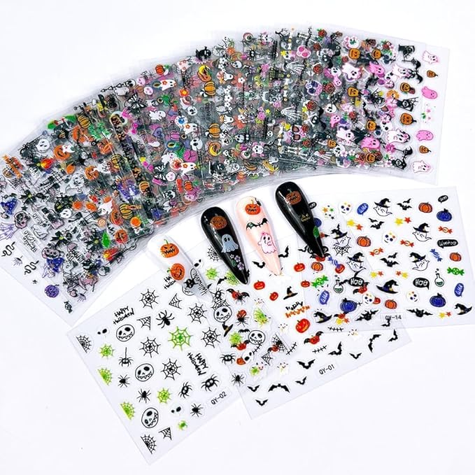 30Sheets Halloween Nail Art Stickers Cute Ghost Pumpkin 3D Self-Adhesive Nail Decals Bat Cat Skull Designs Nail Decorations Halloween DIY Manicure Supplies for Women