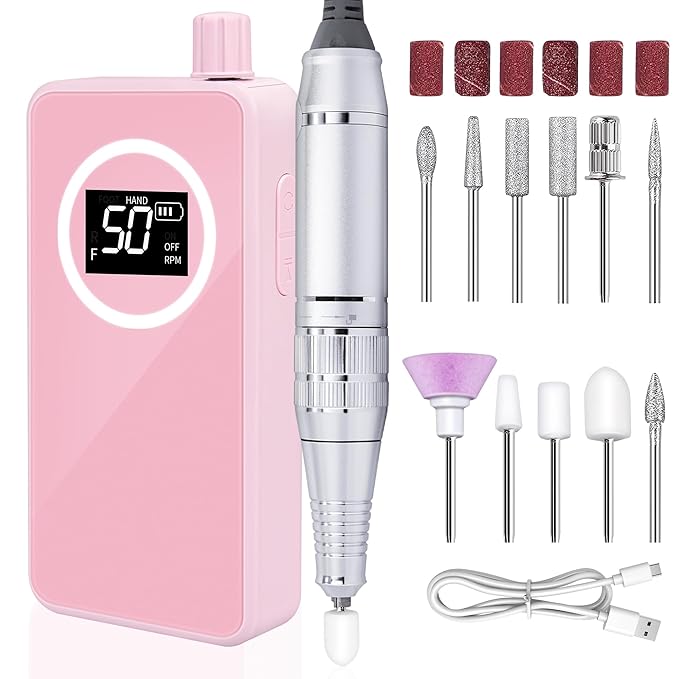 Portable Nail Drill Professional 45000 RPM, Rechargeable Electric Nail File Machine E File for Acrylic Gel Polishing Removing Pink