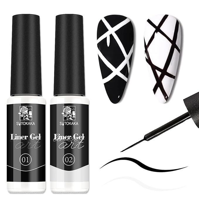 Painting Nail Gel Liner Polish Set, 2pcs 8ml Black White Glossy Painting Drawing Line Swirl French Nail Design DIY Manicure Soak Off UV Curing with Thin Nail Art Brush