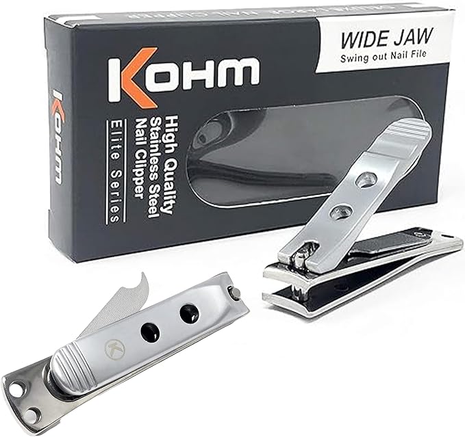 Kohm Curved Blade Edge Nail Clipper with Nail File (Swing Out), SS Wide Jaw Toenail Clippers for Thick Nails, Large Nail Clippers for Men, Seniors, Women