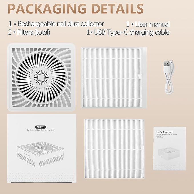 Rechargeable Nail Dust Collector with 2 Reusable Filter, Professional Cordless Nail Vacuum Dust Collector Nail Tech Fan Extractor for Acrylic Dip Powder Removal