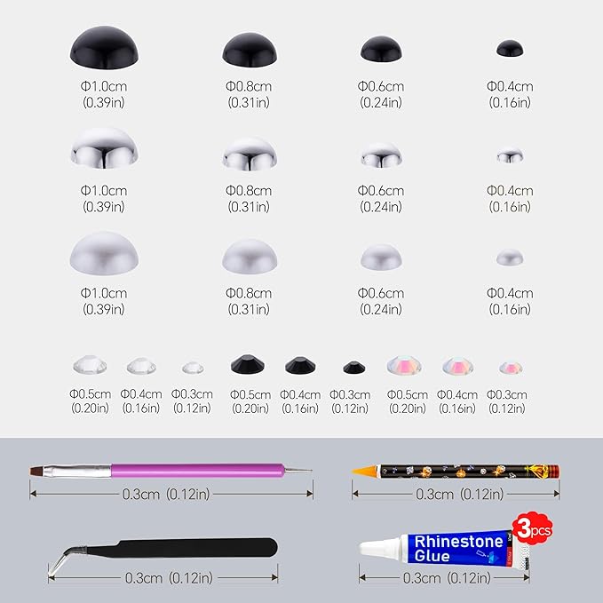 60g Black White Pearls Rhinestones for Crafts Mixed Size 3mm-10mm AB Color Round Half Pearls Flatback Pearl Beads and Resin Rhinestones Set for Face Art with Glue