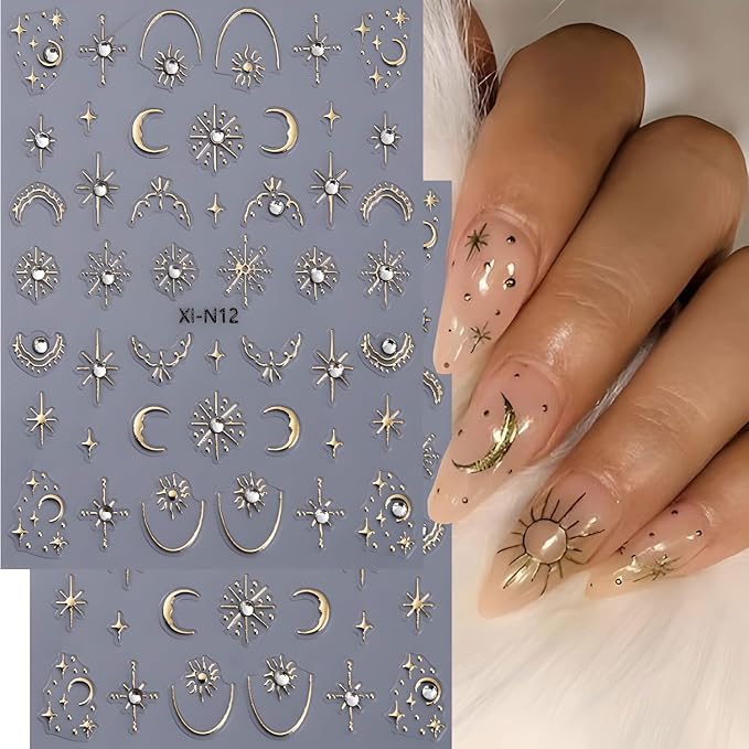 Gold Star Nail Art Stickers Decals Moon Nail Decals 5D Embossed Glitter Rhinestones Nails Design Stickers Gold Nails Supplies for Women Nail Art Decorations