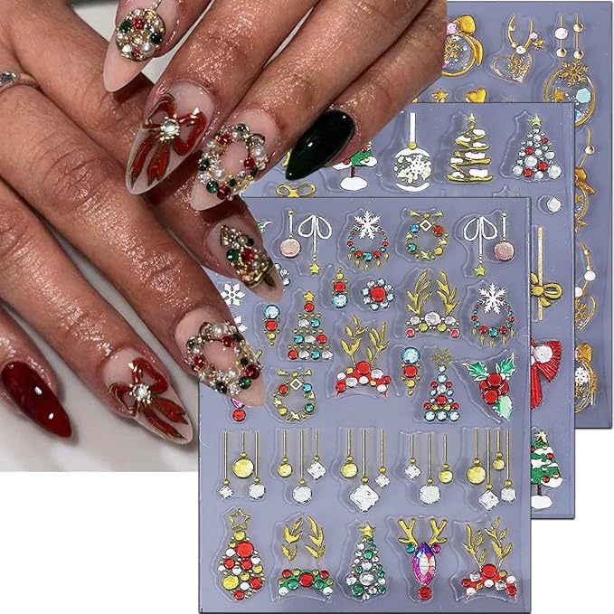 Christmas Nail Stickers 5D Bow Christmas Tree Lantern Ball Nail Art Stickers Winter Embossed Nail Decals Self-Adhesive Xmas Heart Elk Design Sticker Holiday Nail Art Decoration for Women Manicure 3Pcs
