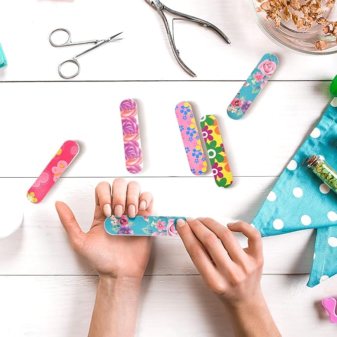 100 Pcs Colorful Nail Files Double Sided Emery Boards Manicure File and Buffers Floral Nail Tools for Women 2.56 x 0.59 Inch, 5 Colors