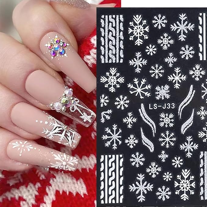 8 Sheets Christmas Nail Art Stickers - 3D Self-Adhesive Gold Glitter Snowflake Xmas Trees & White Reindeer Nail Decals - Winter Holiday DIY Kit