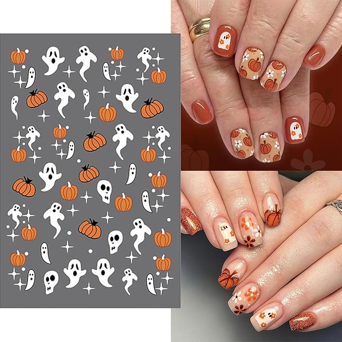 12 Sheets Halloween Nail Art Stickers Cute Ghost 3D Self-Adhesive Nail Decals Bat Mummy Skull Pumpkin Designs Nail Decorations Fall Maple Leaf DIY Manicure Supplies for Women Girls
