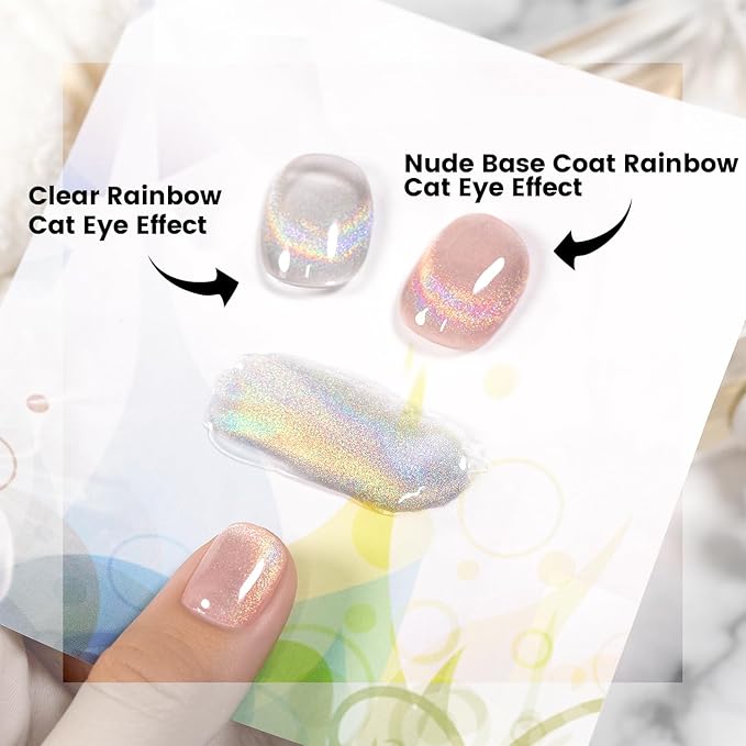 RARJSM Holographic Rainbow Cat Eye Gel Nail Polish with Magnet Stick Clear Silver Iridescent Glitter Sparkle 9D Cat Eye Gel Polish Soak off UV LED Curing Requires Soak Off Home Salon Diy Nail Art