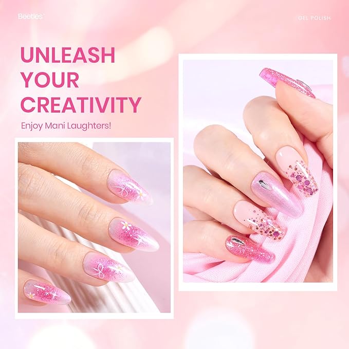 Beetles Pink Gel Nail Polish Set - 6 Colors Shimmer Nail Polish Nail Kit Hot Pink Pearl White Glitter Color Gel Pink Reverie Collection Soak Off Uv LED Nail Lamp Gift for Women & Girls
