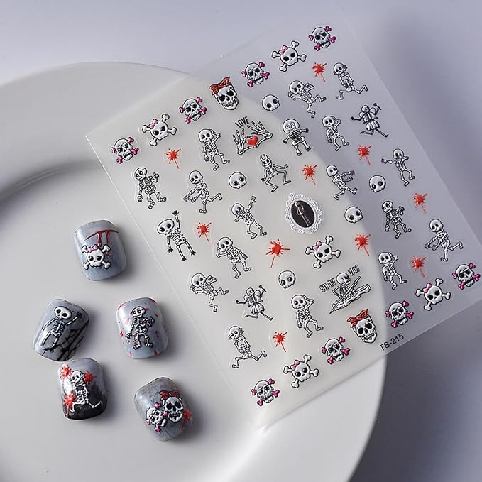 Halloween Skull Nail Art Stickers Decals 5D Embossed Skeleton Nail Decals Self-Adhesive Bloody Skull Heart Nail Art Supplies Horror Hand Bones Halloween Nail Stickers for Women Manicure Decoration