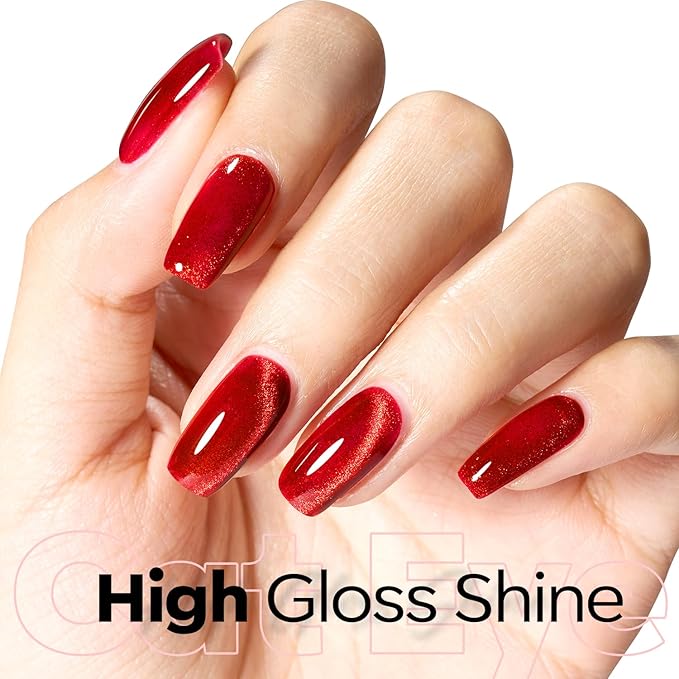 modelones Red Cat Eye Gel Nail Polish,15 ML Magnetic Glitter Holographic Red Ruby Glass Polish Reflective Jelly Translucent UV Gel Top Coat Manicure Art DIY Salon Gift for Girl Women