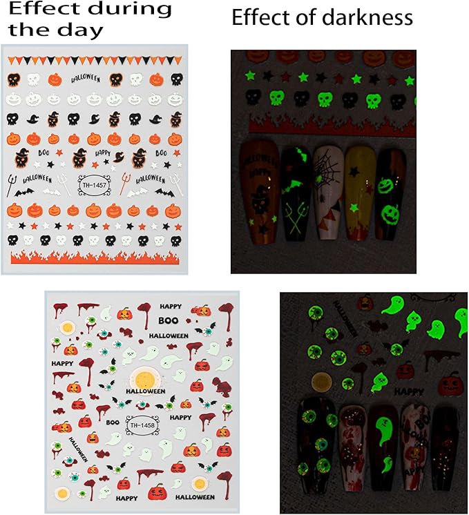 Halloween Nail Stickers - Halloween Nail Decals,3D Self-Adhesive Night Light Elements Nail Art Decals Holiday Nail Stickers for Women Grils (6 Sheets)
