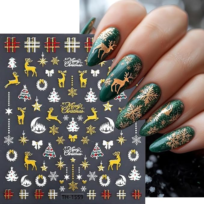 3D Christmas Nail Stickers for Nail Art, Gold Self-Adhesive Christmas Nail Art Stickers Decals 6PCS Deer Snowflake Crystal Ball Bow Tree Snowman Xmas Nails Design Holiday Manicure Supplies for Women