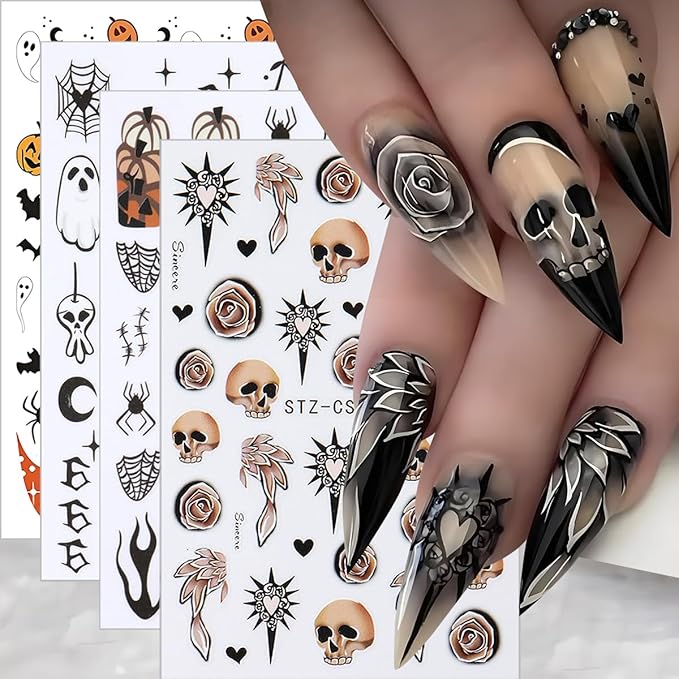 Halloween Nail Art Stickers, Cute Ghost Nail Art Decals 3D Self-Adhesive Spider Bat Pumpkin Stars Skull Spider Web Nail Design 8Pcs Halloween Nail Art Supplies for Women Nail Decoration