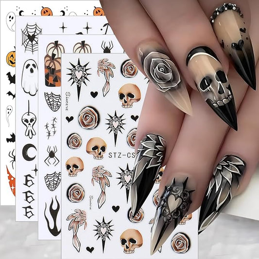 Halloween Nail Art Stickers, Cute Ghost Nail Art Decals 3D Self-Adhesive Spider Bat Pumpkin Stars Skull Spider Web Nail Design 8Pcs Halloween Nail Art Supplies for Women Nail Decoration