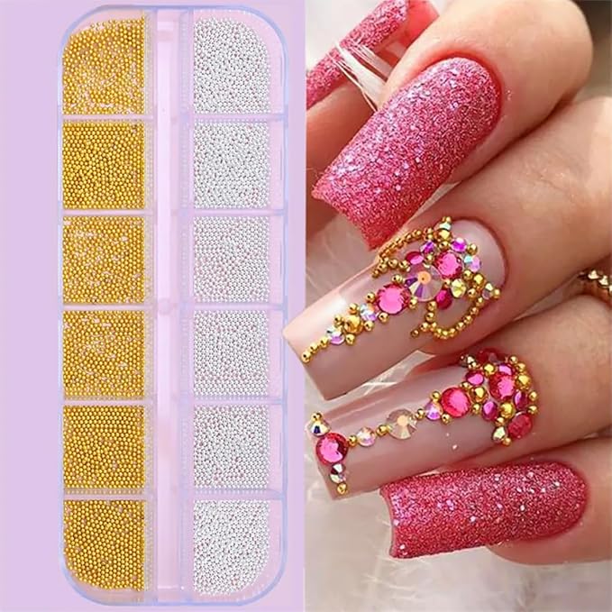 0.8mm Caviar Beads for Nails 6 Sizes Mini Small Stainless Steel Nails Art Decorations Gun Grey Beads DIY Tool Studs Accessories Gold Charms for Nails Small Gems Variety Pack(Yellow)