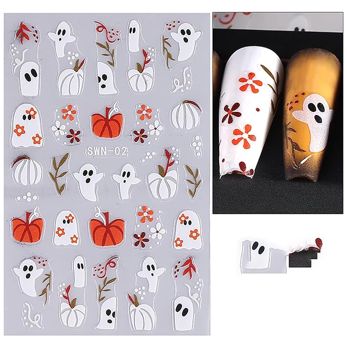 4 Sheet Halloween Nail Stickers 5D Embossed Nail Art Stickers Decals with Spider Web Pumpkin Design Ghost Mummy Nail Stickers for Nail Art Self-Adhesive Nails Supplies for Women Manicure Decor