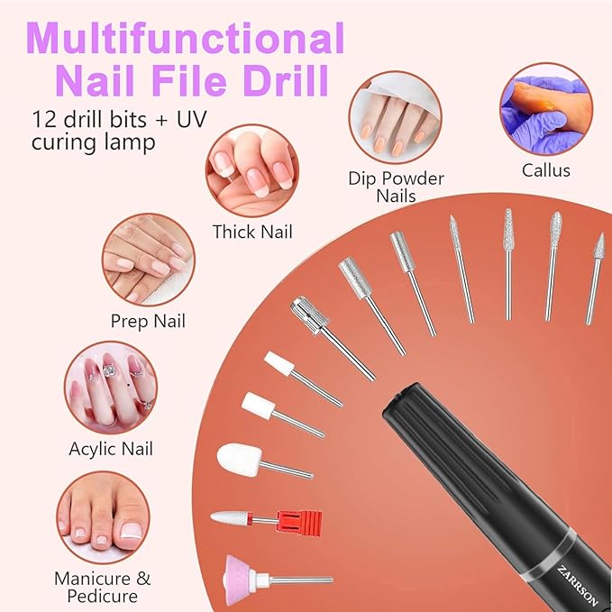 Electric Nail Filer, Professional Nail Drill Kit, Electric Nail Drill Kit, Portable File for Acrylic Gel Nails, Cordless Nail File Electric Manicure Pedicure Tools with Drill Bits for Home Salon