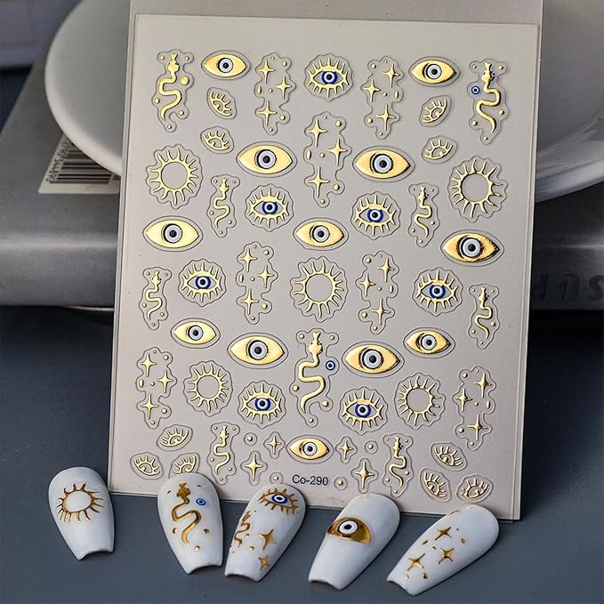 Gold Nail Stickers Evil Eye Nail Art Stickers 5D Embossed Nail Decals Gold Star Snake Design Nails Supplies for Women DIY Nail Art