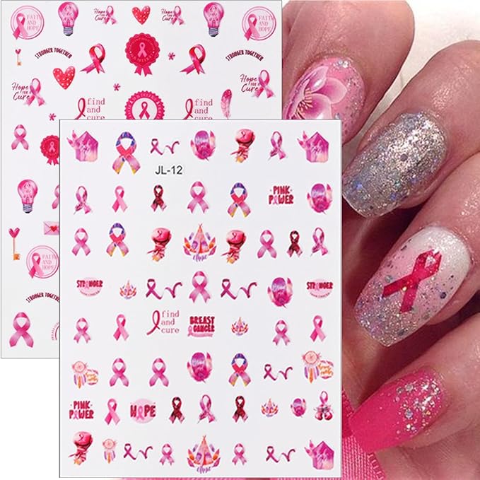 Pink Ribbon Breast Cancer Awareness Nail Stickers - 3D Self-Adhesive Pink Flower Angel Decals for Women & Girls (6Pcs)