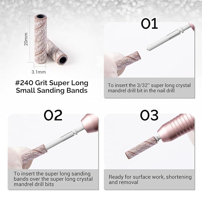 MelodySusie 50 Pcs Nail Drill Bits Super Long Small Sanding Bands with 3.1mm Crystal Mandrel Bit, 240 Extreme Fine Grit Nail File for Acrylic Nails Gel Manicures and Pedicure, Zebra