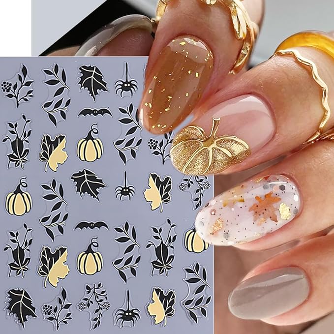 5Pcs Fall Nail Art Stickers Gold Sliver Pumpkin Maple Leaf Nails Decals 3D Self Adhesive Glitter Ghost Spider Web Spider Design Halloween Nail Stickers Holiday Nails Supplies for Women Salon Manicure