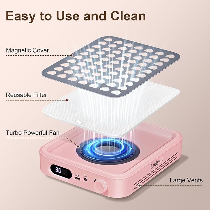 Nail Dust Collector with 2 Reusable Filters,Nail Vacuum Dust Collector Quiet for Nail Tech Art, Powerful Nail Fan and Duster Collector,Nail Vacuum Cleaner for Salon and Home(Pink)