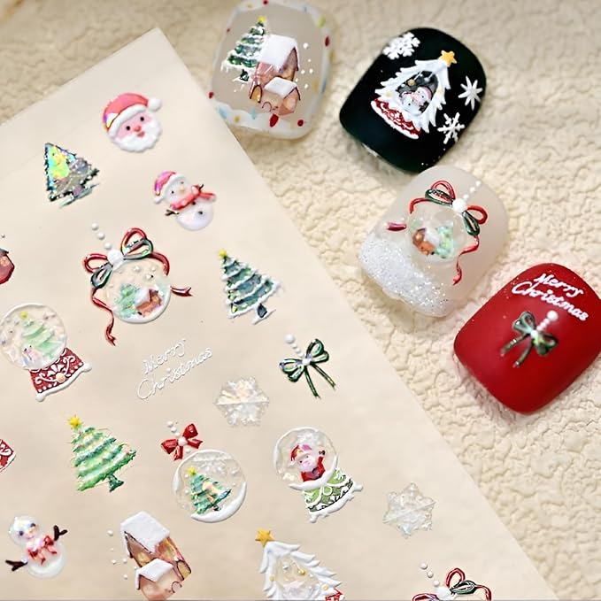 Christmas Nail Stickers 5D Self-Adhesive Winter Nail Art Sticker Snowman Snowflakes Nail Decals Christmas Crystal Ball Nail Design Xmas Tree Nail Art Decoration for Women and Girls