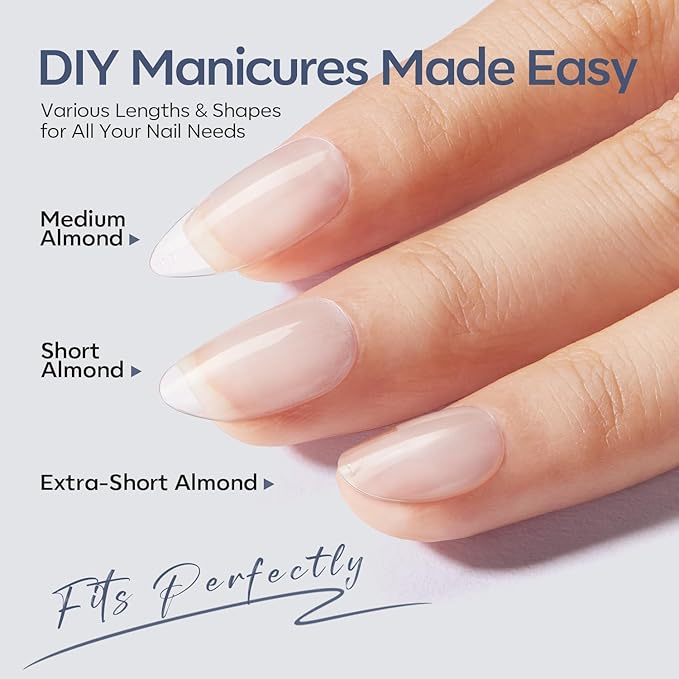 Modelones Medium & Short & Extra Short Almond Nail Tips - Multi-type 3 Styles Set Gel Tips Half Matte Full Cover Clear Acrylic Gel Kit Fake Nails for Extension DIY Salon 450Pcs 15Sizes