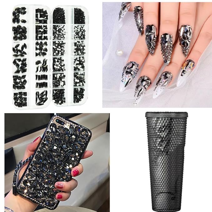 2680Pcs Black Rhinestones Nail Gems, 120pcs Big Black Nails Charms with Bling Flatback Round Beads, Light Black Clear Diamond Stones Jewelry Supplie for DIY Face Eyes Makeup Crafts Decoration