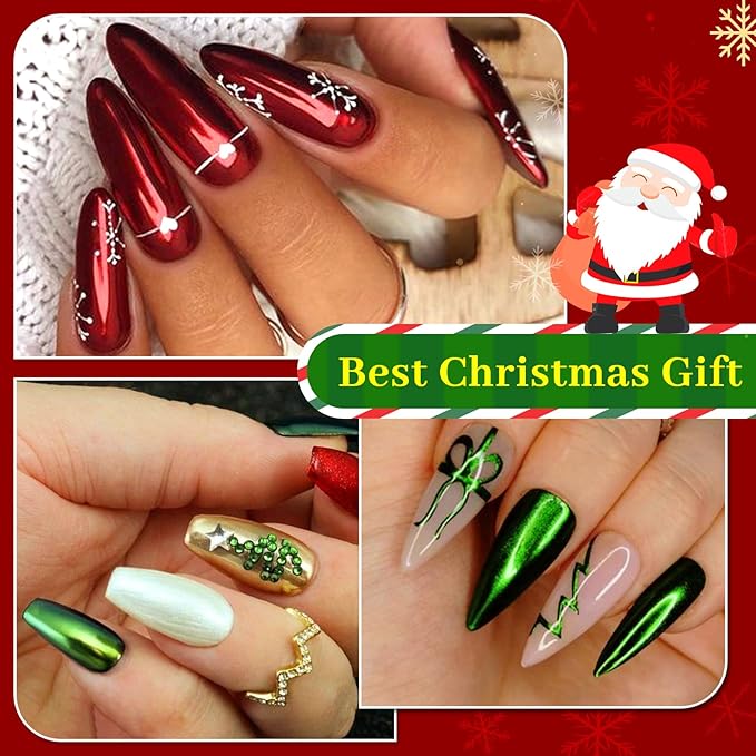 Christmas Red Green Chrome Nail Powder, DRMODE 6 Colors Gold Silver Mirror Metallic Effect Nail Chrome Powder, Blue Rose Gold Champagne Colored Chrome Powder for Nails Palette Pigment for Nail Art