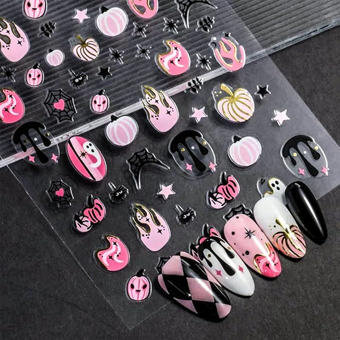 12Pcs Halloween Nail Stickers - Halloween Nail Decals - 3D Self-Adhesive Ghosts Pumpkin Spider Web Nail Design Decorations for Halloweens DIY Manicure Supplies - Nail Art Decorations Accessories